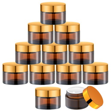 Lil Ray 1 oz Round Amber Glass Jar with Inner Liners and Gold Lid (12pcs)