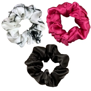 Celestial Silk Mulberry Silk Scrunchies for Hair (Large, Hot Pink, White Marble, Black)