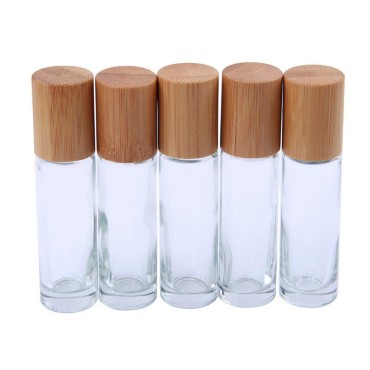 ConStore 5pcs 10ml Roller Bottles Clear Glass Roll On Bottles with Bamboo Lid Empty Refillable Essential Oil Roller Bottles with Stainless Steel Roller Ball