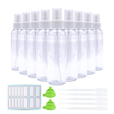 Trendbox 4oz Fine Mist Clear Spray Bottles with Pump Spray Cap 80 Pack BPA-Free Travel Containers with 80 Labels, 2 Funnels, 20 Pipettes