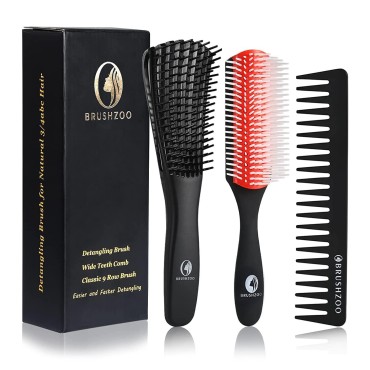 BRUSHZOO Detangler Brush for Curly Hair, Hair Brushes for Women Men or Kids Black Natural Hair, Detangling Brush for Natural 3/4abc Wet Dry Hair