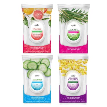 Epielle Benefit60 Facial Cleansing Tissue Makeup Remover Wipes Assortments 60 Sheets (Color Combo- Collagen, Vitamin C, Argan Oil, Cucumber - 4Pack)