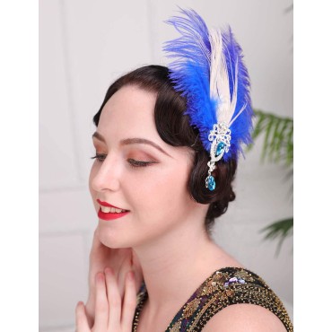 Aimimier 1920s Flapper Feather Hair Clip Blue Crystal Teardrop Great Gatsby Headpiece Prom Party Roaring 20s Hair Jewelry for Women and Girls (Style 2)