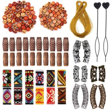 105 Pieces Hair Accessories for Braids, Wood Beads for Braiding Hair, Classic Retro Style Metal Cuffs Tubes, Handmade Fabric Dreadlock Beads Hair Jewelry for Women Braids