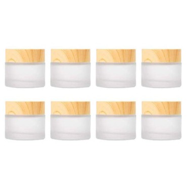 ConStore 8pcs Frosted Glass Cream Jar Bottle with Wood Grain Lid Refillable Mini Lotion Jars Empty Cosmetic Containers for Makeup Lip Balms Eyeshadow (10g)