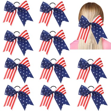 American USA Flag Cheer Bows for Girls,Red White and Blue Patriotic Flag Festival Hair Bow With Elastic Band Hair Accessories