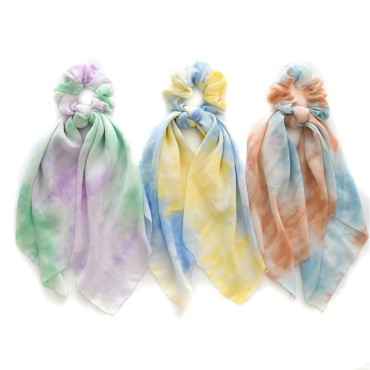 Outyua Bow Solid Tie Dye Scrunchies Chiffon Hair S...