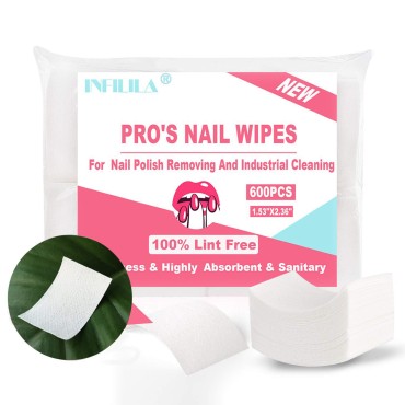 INFILILA Lint Free Nail Wipes 600PCS Absorbant No Lint Nail Wipes For Gel Nail Natural Wood Pulp Nail Polish Remover Pads for Professional Soak Off Gel Nail Polish remover & UN-DRY Gel Polish Clean