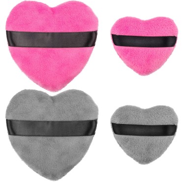 OIIKI 4PCS Makeup Puffs, Cotton Powder Puff, Makeup Tool Sponges Blender, in Love Shape with Strap, for Cosmetic (2PCS Gray+2PCS Rose)