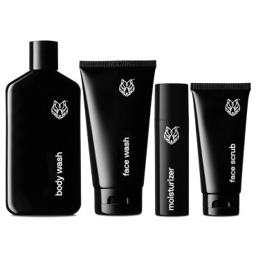 Black Wolf Shower Bundle for All Skin Types - Mens Bath Gift Set Includes Body Wash, Face Wash, Facial Scrub & Oil-Free Moisturizer - Charcoal Powder & Salicylic Acid Reduce for Skin Cleansing