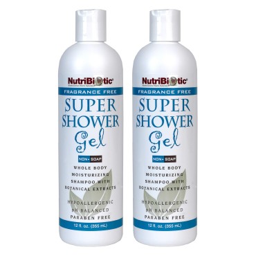 NutriBiotic - Fragrance-Free Super Shower Gel, 12 Oz Twin Pack | Whole-Body Moisturizing Shampoo with GSE & Botanical Extracts | pH Balanced & Free of Gluten, Parabens, Sulfates, Dyes & Colorings