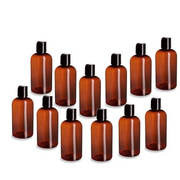 Natural Farms 12 Pack - 8 oz - Amber Boston Plastic Bottles - Black Flip Top - for Essential Oils, Perfumes, Cleaning Products