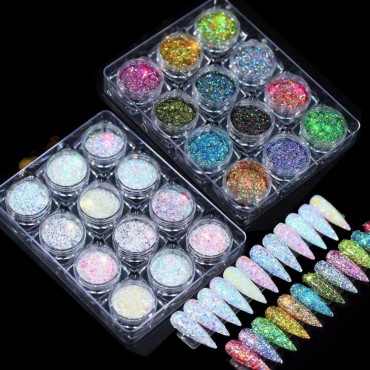 AddFavor 24 Color Aurora Nail Glitter Powder Sparkle Holographic Chunky Glitter Nails Sequins Flakes for Women Girls Nail Art Decoration/Face/Body/DIY Crafting