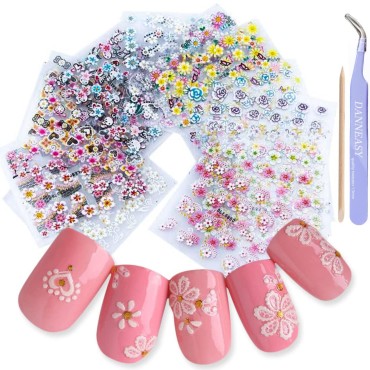 DANNEASY 30 Sheets Self-Adhesive Nail Art Stickers Butterfly Flower Nail Stickers 5D Nail Decals for Women Girl Kids Nail Decoration Kit Nail Accessories with 1pc Nail Tweezers, Cuticle Stick