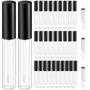 KPX 30 Pcs Clear lip Gloss Tube Containers Bulk Wand 10ml Empty Pink Lip Oil Tubes Refillable Lip Balm Bottles with Rubber Insert for DIY Makeup Such as Lip Samples, Homemade Lip Balm(Black)