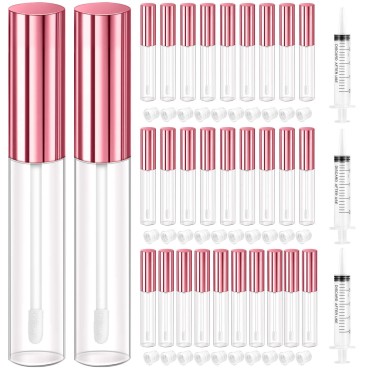 KPX 30 Pcs Clear lip Gloss Tube Containers Bulk Wand 10ml Empty Pink Lip Oil Tubes Refillable Lip Balm Bottles with Rubber Insert for DIY Makeup Such as Lip Samples, Homemade Lip Balm(Pink)