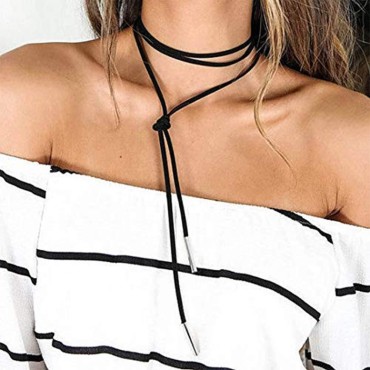 Aimimier Bohemia Black Suede Choker Necklace with Bar Pendant Extra Long Necklace Leather Wrap Cord Bowknot Jewelry for Girls (Silver)