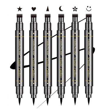 SUMEITANG 6 Pcs Double-headed Eyeliner Stamps Set Black Liquid Eye Liner Pen With Star,Moon,Heart,Flower,Smiley,Triangle Stamp Stencils Shapes for Women Makeup Kit Long-Lasting Waterproof Smudgeproof