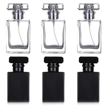 6 Pack 30ml / 1 Oz Clear Black Refillable Perfume Bottle, Portable Square Empty Glass Perfume Atomizer Bottle with Spray Applicator 4 Free kinds of perfume dispenser(3 Pack clear 3 Pack Black Assorted
