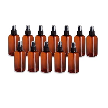 Natural Farms 12 Pack - 8 oz - Amber Boston Plastic Spray Bottles - Fine Mist Sprayer & Dust Cap for Essential Oils, Perfumes, Cleaning Products