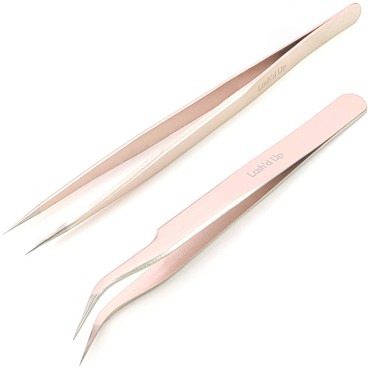 Lash'd Up 2 Pcs Stainless Steel Tweezers for Eyelash Extensions, Straight and Curved Tip Tweezers Nippers, False Lash Application Tools, Dark Gold