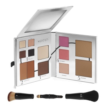 Woosh Beauty, The Fold Out Face Palette w/Secret Brush, Travel, All in One, Neutral Cream & Powder Kit, 4 in 1 Nested Makeup Brush (#4 Medium Deep)