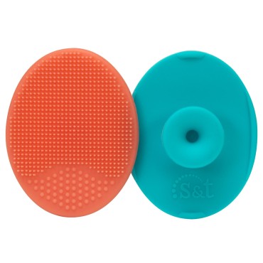 S&T INC. Face Scrubber for Skin Care, Silicone Face Exfoliator, 2 Pack, Coral/Teal