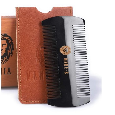 Premium 100% Oxhorn Dual-Action Beard Comb with Genuine Leather Case - the Perfect Beard Grooming Gift for Men by Man & Mane.