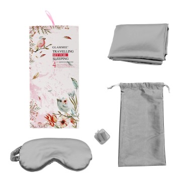 GLAMMIE Satin Sleep Mask and Pillowcase for Hair and Skin - Standard Pillow Covers with Envelope Closure - Eye Mask Earplugs Set (Grey)