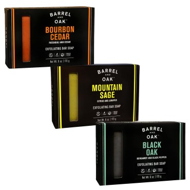 Barrel and Oak - Exfoliating Bar Soap Variety Pack, Men's Soap Bar, Natural Exfoliator, Skin Scrub, Deep Cleans Pores, Removes Dead Skin, Certified Sustainable Palm Oil, Vegan (6 oz Per Bar Soap, 3-Pack)