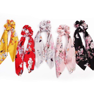 Yuyeran 5Pcs/Set Chiffon Floral Scrunchie Hair Bands Satin Hair Scarf Bowknot Scrunchies Hair Ties for Women Girls