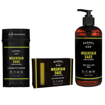 Barrel and Oak - Men's Body Care Set, Mountain Sage Scented Variety Pack, Essential Oil-Based Scent, Cedar & Patchouli Blend, Bar Soap (6 oz), Body Wash (16 oz), & Deodorant (2.7 oz) | 3-Pack