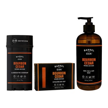 Barrel and Oak - Men's Body Care Set, Bourbon Cedar Scented Variety Pack, Essential Oil-Based Scent, Cedarwood & Bourbon Aroma, Bar Soap (6 oz), Body Wash (16 oz), & Deodorant (2.7 oz) | 3-Pack