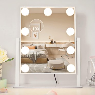 NUSVAN Vanity Mirror with Lights, Makeup Mirror with Lights,3 Color Lighting Modes Detachable 10X Magnification Mirror Touch Control,360°Rotation, White.