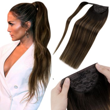 LaaVoo Balayage Ponytail Hair Extensions Real Human Hair Dark Brown to Light Brown Ombre Ponytail Extension 20 inch 80g