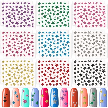 PAGOW 18 Sheets Glitter Star Nail Art Sticker , Sparkly Face Body Decals Self Adhesive Manicure Embellishment, Holographic Cute Fingernail Christmas Decoration DIY Crafts Trims Gift for Women Girls -9 Colors