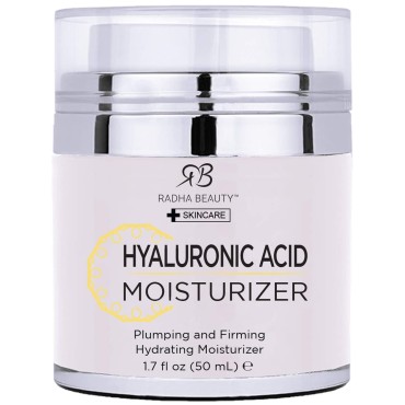 Radha Beauty Hyaluronic Moisturizer Miracle Cream for Face - with Hyaluronic Acid, Vitamin E, Green Tea with Aloe. Night and Day Moisturizing Cream 1.7 fl oz.