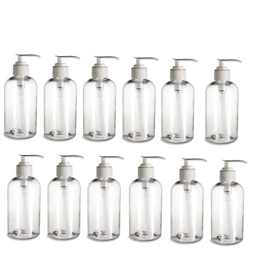 12 Pack- 8 oz- Clear Boston Plastic Bottles- White Pump- for Essential Oils, Perfumes, Cleaning Products- by Natural Farms…