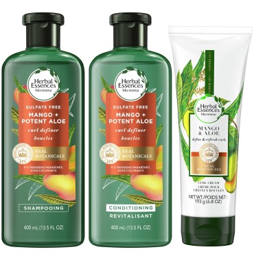 Herbal Essences bio:renew Sulfate Free Shampoo, Conditioner and Curl Cream Set - Includes Mango + Potent Aloe, 13.5 Fl Oz Each & Curl Cream, 6.8 Fl Oz - Complete Hair Care for Defined Curls