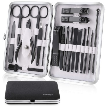 Manicure Set, Jubolion 19pcs Stainless Steel Professional Nail Clippers Pedicure Set with Black Leather Storage Case, Portable Grooming Kit for Travel or Home, Perfect Gifts Women and Men (Black)
