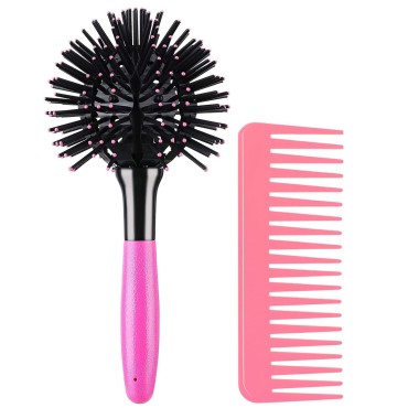 3D Bomb Curl Hair Brush 360° Round Styling Hair Brush Detangling Hairbrush Spherical Ball Brush Salon Round Hair Curling Curler and Wide Tooth Comb for Curly /Long / Wet /Dry Hair