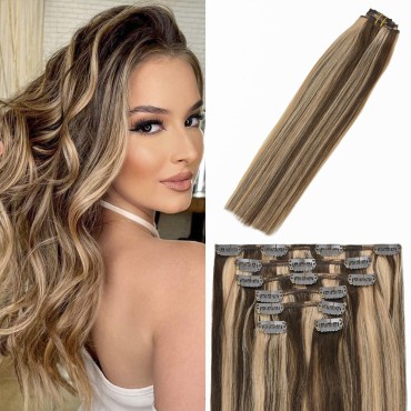 Clip In Hair Extensions Human Hair Chocolate Brown to Dark Blonde Balayage Remy Hair 18Inch 70g #4p27 7PCS