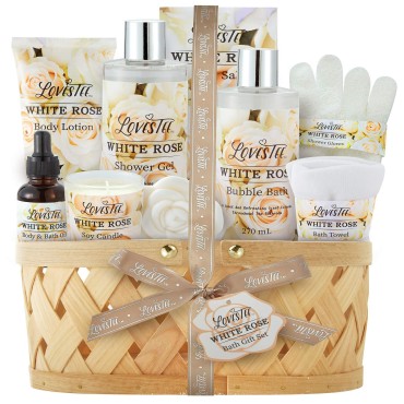 Christmas Bath & Body Spa Gift Basket for Women, Best Gift for Christmas, Mother’s Day & Birthday, White Rose Set Body Lotion, Shower Gel, Bubble Bath, Bath Salt, Towel, Soap, Oil, Candle, Gloves,