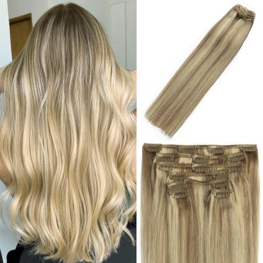Clip in Hair Extensions Human Hair Balayage Mixed Bleach Blonde 70g 22Inch #18P613 Remy Hair Extensions 7PCS