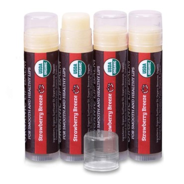 USDA Organic Lip Balm 4-Pack by Earth's Daughter - Strawberry Flavor, Beeswax, Coconut Oil, Vitamin E - Best Lip Repair Chapstick for Dry Cracked Lips.