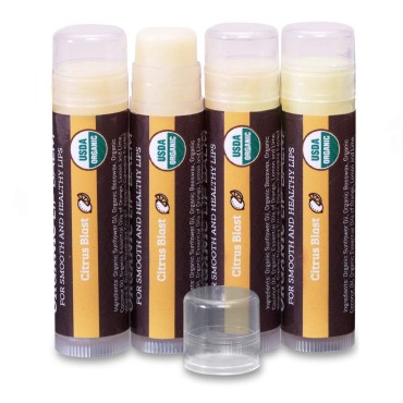 USDA Organic Lip Balm 4-Pack by Earth's Daughter - Citrus Flavor, Beeswax, Coconut Oil, Vitamin E - Best Lip Repair Chapstick for Dry Cracked Lips.