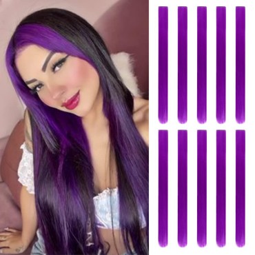 20 Inch Colored Clip in Hair Extensions 10pcs Straight Hair Synthetic Hairpieces for Party Highlight Purple