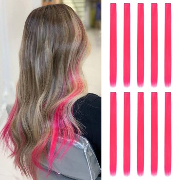 20 Inch Colored Clip in Hair Extensions 10pcs Straight Hair Synthetic Hairpieces for Party Highlight Pink