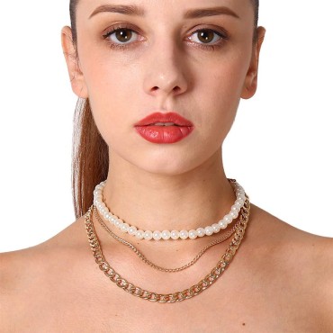 Aimimier Bridal Layered Pearl Choker Necklace Chunky Cuban Link Chain Necklace Vintage Pearl Necklace Prom Party Festival Statement Jewelry for Women and Girls (Gold)
