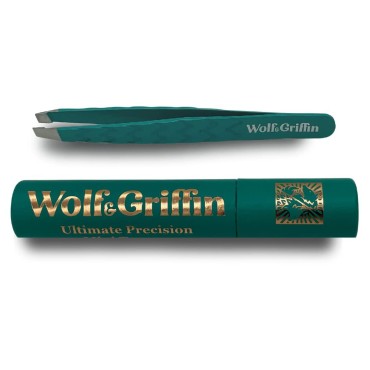 Wolf & Griffin Ultimate Precision Mini Tweezers | Stainless Steel Professional Slant Eyebrow Tweezers for Men and Women | Peacock Green